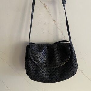Vintage Bottega Veneta Intrecciato Shoulder Dark Blue Leather Small Bag